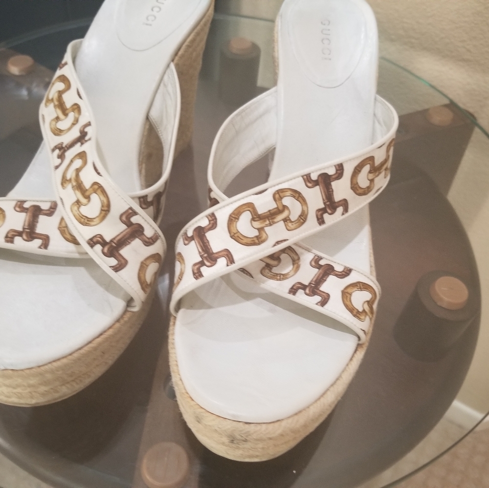 Gucci White Golden Espadrille Wedge